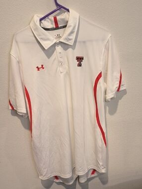 Texas Tech Under Armour White Polo with Red Trim Guns Up Protect This House XL